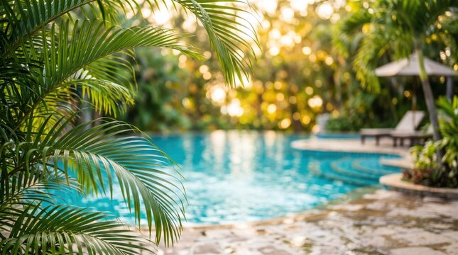 Tropical swimming pool surrounded by lush green palm trees and exotic plants with blurred lounge chairs under warm golden sunlight at luxury resort during summer vacation.