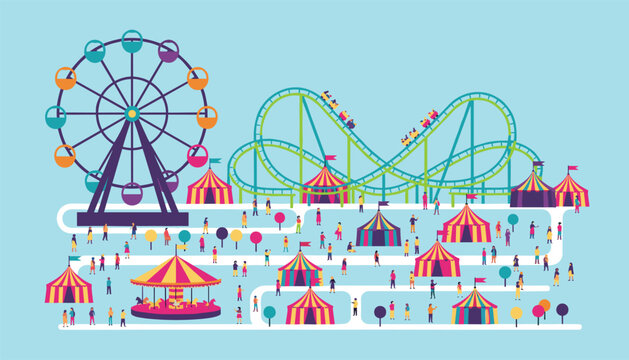 Colourful map layout of an amusement park featuring a big ferris wheel, roller coaster and circus tents.