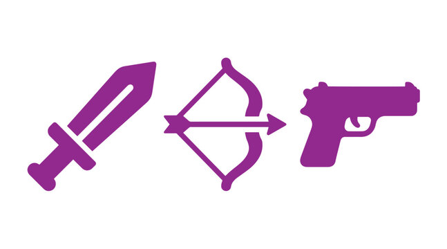 Set of weapon icons including a sword bow and arrow pistol for historical and modern combat military historical tactical shooting silhouette isolated illustration