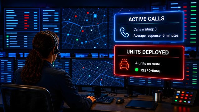 Emergency dispatch dashboard showing active calls and unit deployment