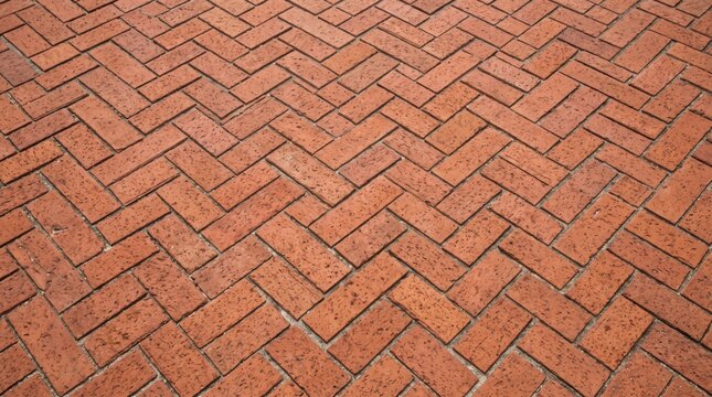 Red brick pavement texture with herringbone pattern, outdoor flooring surface detail, classic construction material, durable walkway design, urban street or garden path ground