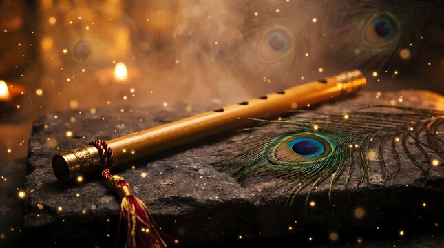 Krishna Flute with Peacock Feather on Dark Stone with Golden Bokeh Sparkle Background Janmashtami Concept