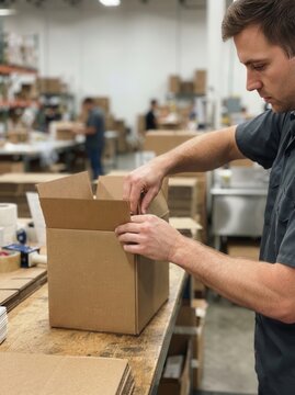A diligent worker meticulously assembling cardboard containers within a bustling industrial warehouse facility