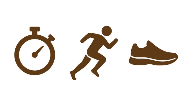 Fitness and exercise icons featuring a stopwatch a person running a running shoe stopwatch exercise training lifestyle silhouette minimalist pictogram isolated