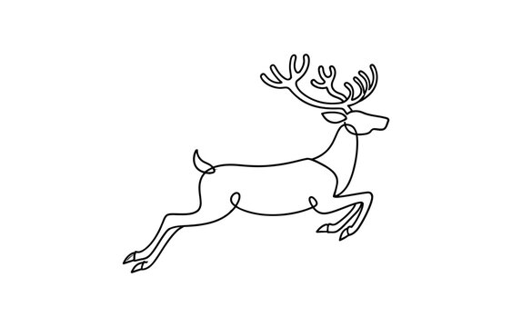 Minimalist continuous single line drawing of a jumping deer with large antlers