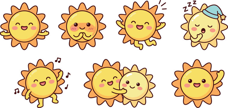 Cute Kawaii Sun Mascot Character Sticker Vector Set Featuring Happy Sunshine Emoticons with Various Poses, Sleeping, Dancing, and Hugging Expressions