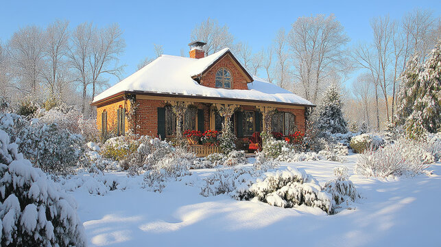 Charming stone cottage covered in snow, adorned with Christmas decorations, surrounded by winter trees and bushes.