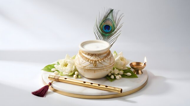 Traditional Curd Pot with Flute Peacock Feather and Diya on White Marble Platter Janmashtami