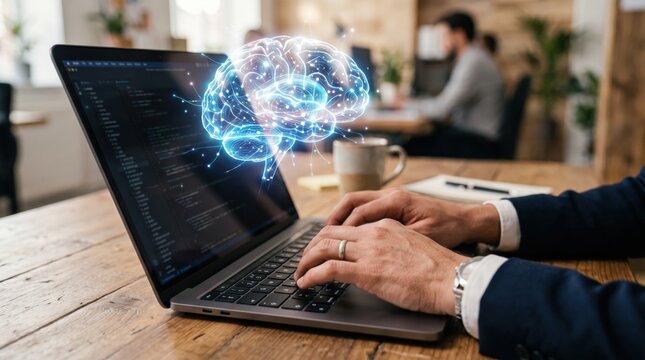 Programmer coding with AI brain hologram, artificial intelligence concept, machine learning data analysis, software development, futuristic technology in modern office workspace