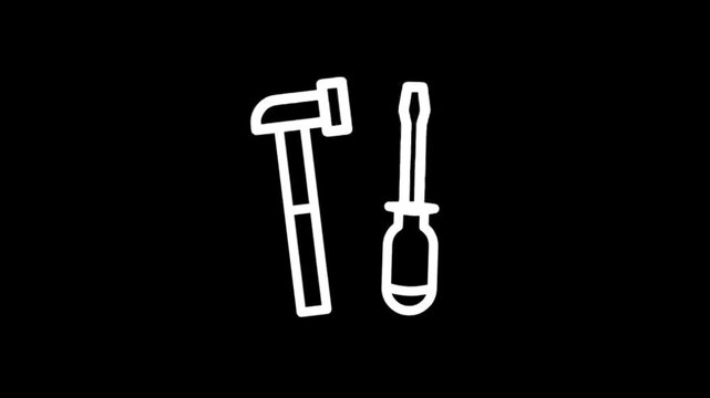 Simple white line art icons of hammer and screwdriver on black background
