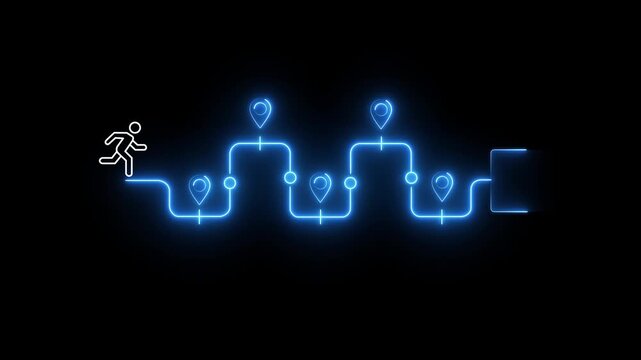 Journey to the goal, business planning concept. Touching a glowing target icon on a connected path with milestones and a running figure. Planning, progress toward business goals
