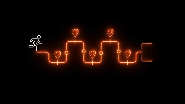 Journey to the goal, business planning concept. Touching a glowing target icon on a connected path with milestones and a running figure. Planning, progress toward business goals
