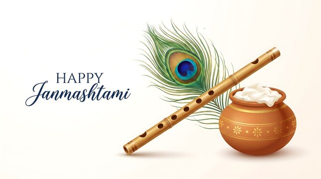 Happy Janmashtami Greeting with Curd Pot Flute and Peacock Feather on Cream Background