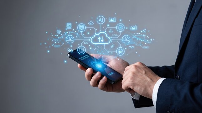 Businessman holding smartphone with holographic cloud computing and artificial intelligence interface icons for data technology concept