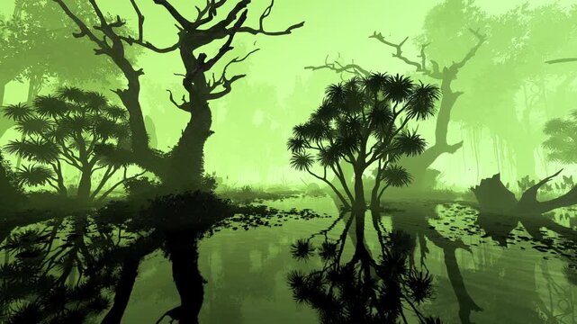 Panorama of a swamp with old plants in a tropical forest. Illustration on the topic of ecology and climate.