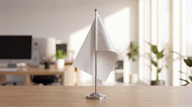 Blank white desk flag sits on a wooden office table with a modern workplace blurred in the background.