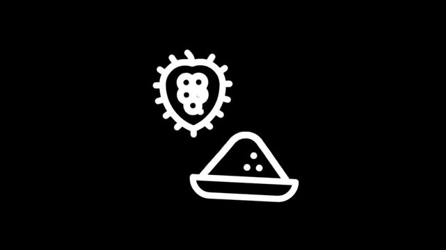 Animated virus particles interacting with a pile of powder in a dish