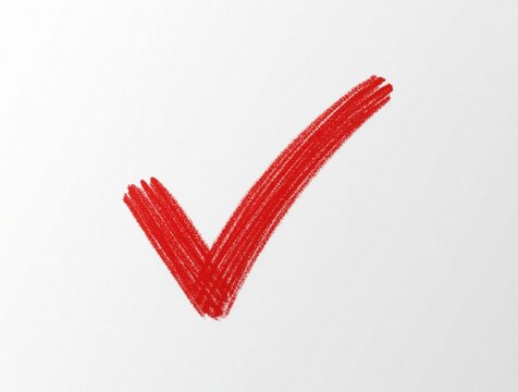 Red checkmark icon drawn with pencil texture on white background. Hand drawn tick symbol represents success, approval, correct answer completed task. Simple mark signifies yes, right choice, verified