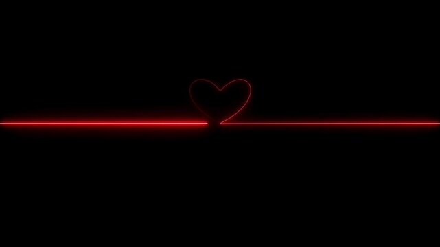 Bright red heart outline with horizontal neon light line on black background, romantic love symbol and minimalist luminous design for digital visuals