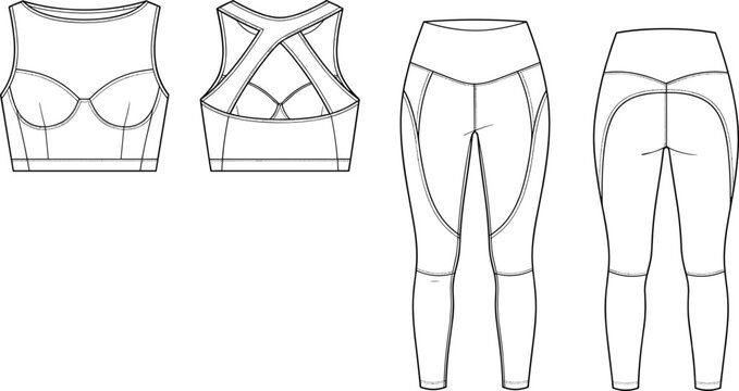 Women's activewear set technical fashion flat sketch vector template with sports bra and leggings