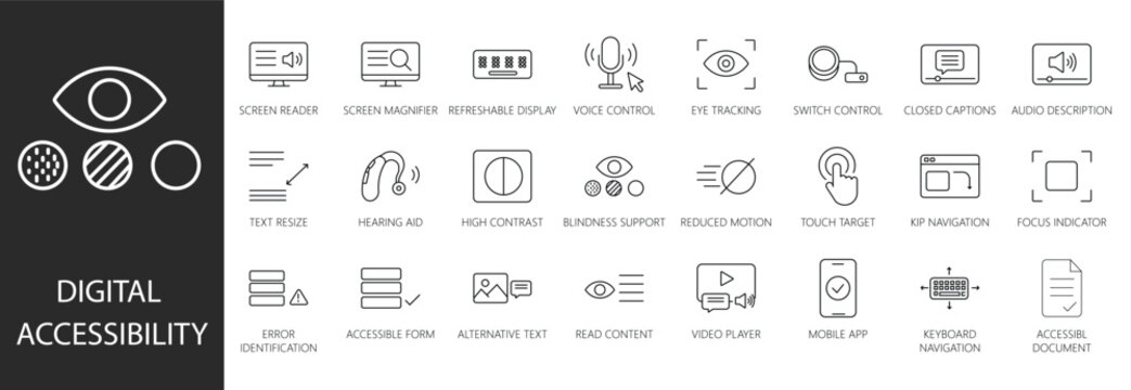 Accessibility icons set line style for inclusive digital design web mobile ui ux assistive technology standard