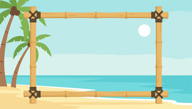 Tropical beach landscape provides a sunny ocean backdrop framed by sturdy bamboo stalks and palm trees for an inviting vacation advertisement.