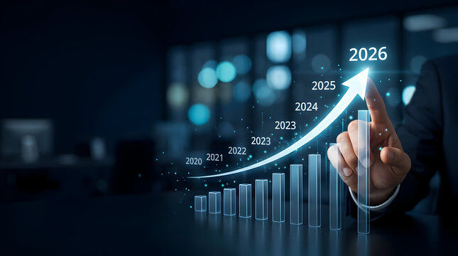 Current year financial target achievement concept showing professional hand touching peak of upward growing graph ending in twenty twenty six