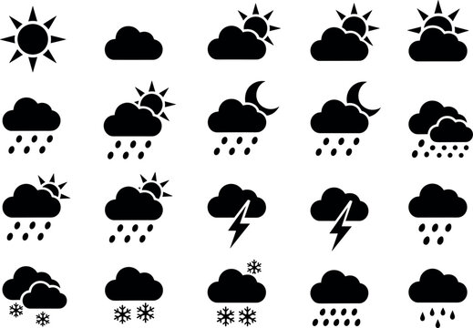 Weather Forecast Icon Set Featuring Sun Cloud Rain Snow Lightning and Moon Vector Symbols for UI Design