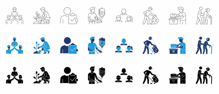 Volunteering and community care icon set featuring tree planting, blood donation, charity clothing, elderly support, garbage cleanup, teamwork, and social service symbols.