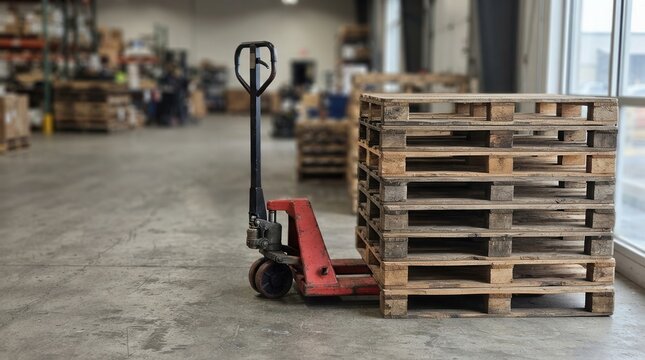 A sturdy red manual pallet jack stands ready in a vast industrial warehouse supporting a stack of weathered wooden pallets for efficient logistics operations