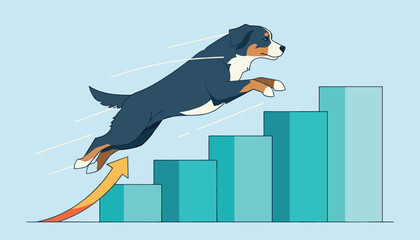 Fototapeta premium Energetic bernese mountain dog jumping up a rising business bar chart representing growth and success.