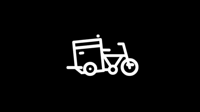 Animated delivery bike icon with a cargo box moves across a black background