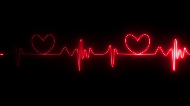 Red heart pulse waveform with glowing neon heartbeat line and outlined hearts on a dark black background for romantic medical digital visuals