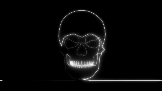 Continuous one line drawing neon animation. Abstract human skull animation on concept video on transparent background..