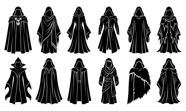 Hooded cloaked figure silhouettes in dark robes with fantasy, mystery, and secret order character designs collection