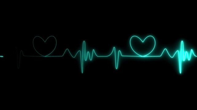 Cyan heart pulse waveform with glowing neon heartbeat line and outlined heart symbols across a dark black background for romantic medical digital design
