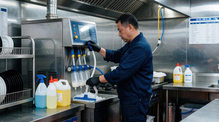 Fototapeta premium Male worker operates industrial cleaning machine in pro restaurant kitchen. Staff uses equipment, detergent to maintain hygiene standards. Man wearing blue uniform, black gloves performs sanitation