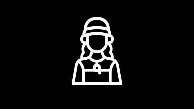 Simple white icon of a person with braided hair and a hat on a black background