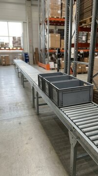 A view of an automated industrial conveyor belt system moving empty plastic crates through a vast organized warehouse facility for efficient cargo distribution