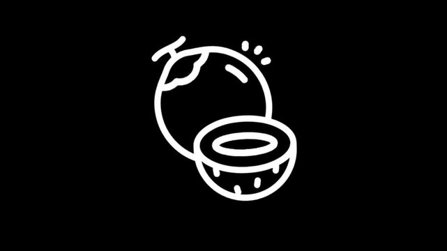 Simple white line art of a cracked coconut on a black background