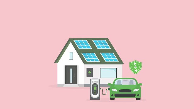 Green House with Solar Panels and Electric Vehicle Charging &ndash; Renewable Energy and Savings Concept