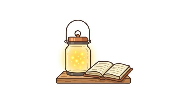 Cozy lantern jar with fireflies next to an open book.