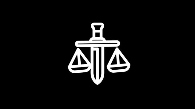 Justice scales and sword icon animation on black background