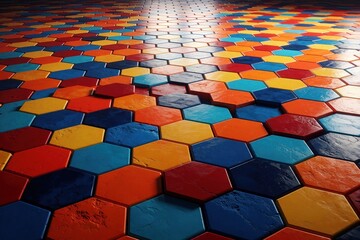 Fototapeta premium Colorful hexagon floor tiles create abstract geometric pattern. Vibrant shades of blue red yellow and orange create dynamic visual texture. Bright interior design background.