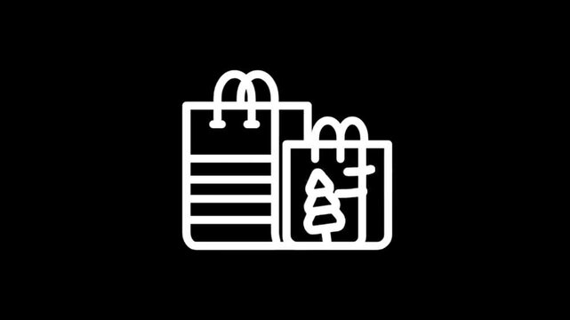 Christmas shopping bags with festive tree icon animation on black background