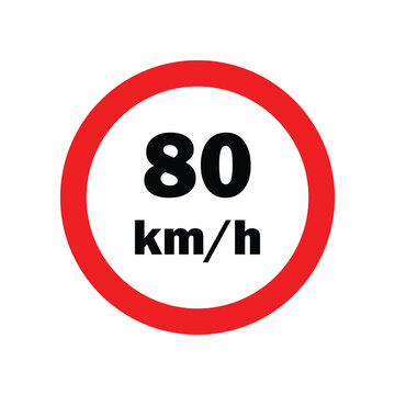 Minimal speed limit sign displaying a 80 km per h restriction inside a red circular border, suitable for traffic safety, road regulations, parking areas, industrial sites, and pedestrian zones.