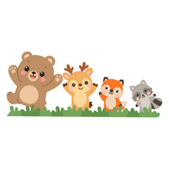 Fototapeta premium Forest animals bear deer fox and raccoon in grass