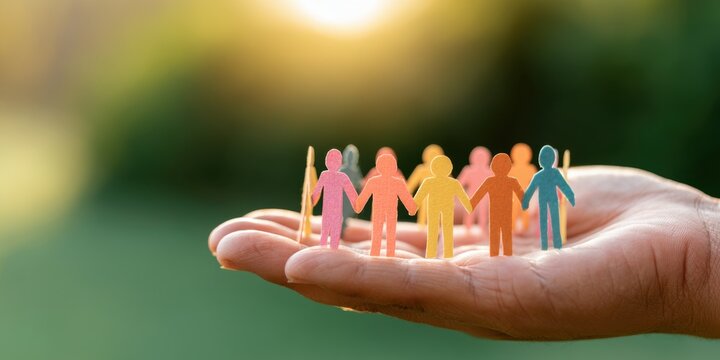 Open hand supporting colorful paper people holding hands as symbol of community inclusion and unity