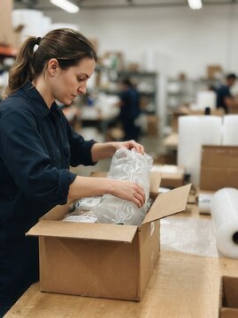 Warehouse professional meticulously packing a cardboard parcel with protective bubble wrap