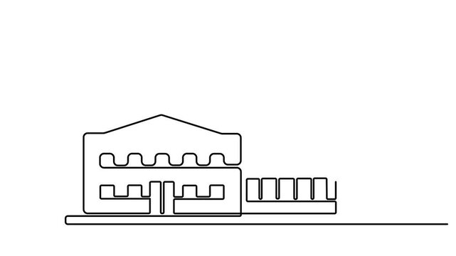 Animated self drawing of continuous line Industrial Factory Building Self Drawing Animation Manufacturing and Production Concept. Full length single line art animation. 4k video